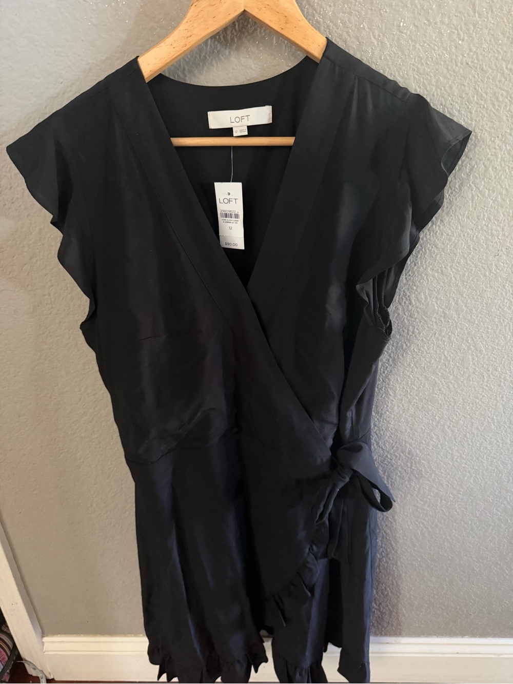 LOFT NWT Black Faux Wrap Romper Dress Size 12 Ruffle Hem Flutter Sleeve